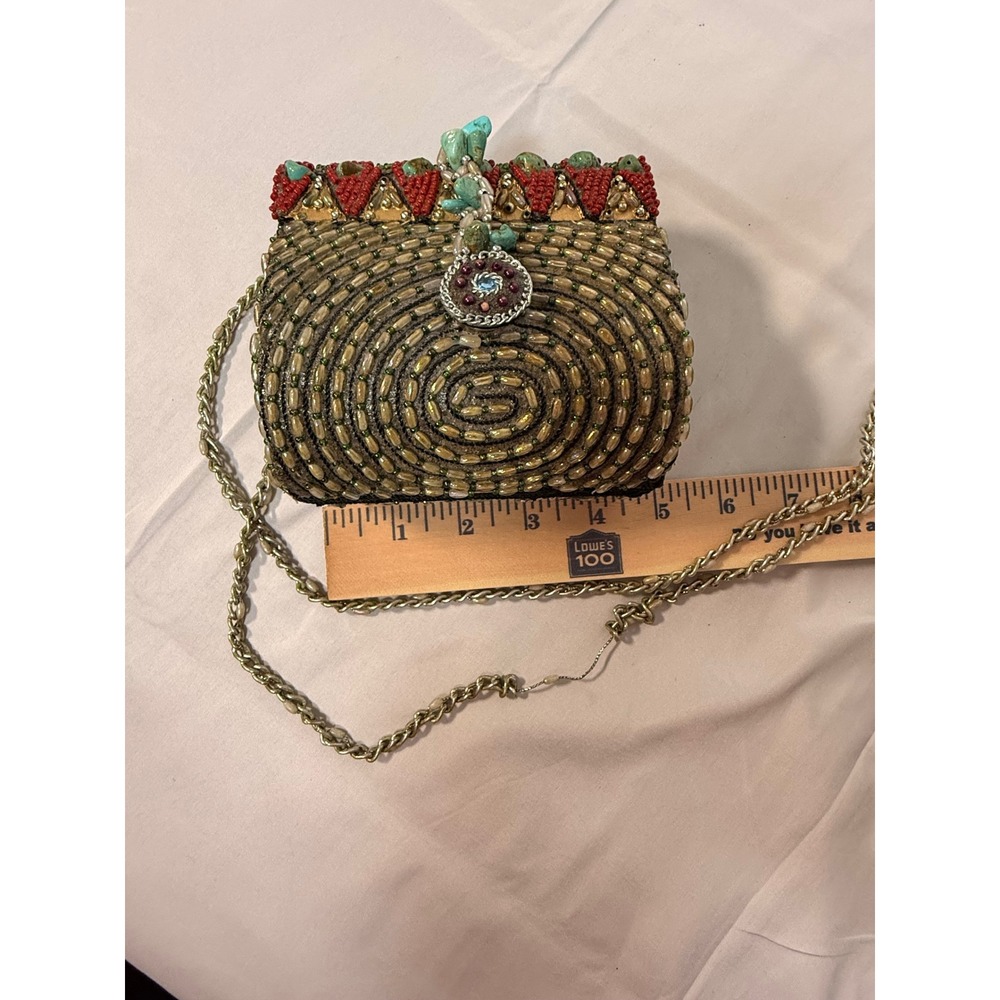 Mary Frances Beaded Turquoise Crossbody Bag Boho Evening Clutch Gold Chain